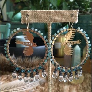 Hoop Earrings Aquamarine & Chrysocolla Brass Bird